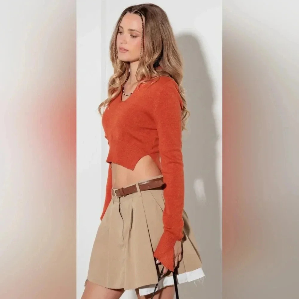 Cut Out Collared Crop Soft Long Sleeve Sweater Top #415-416 - Picture 3 of 10